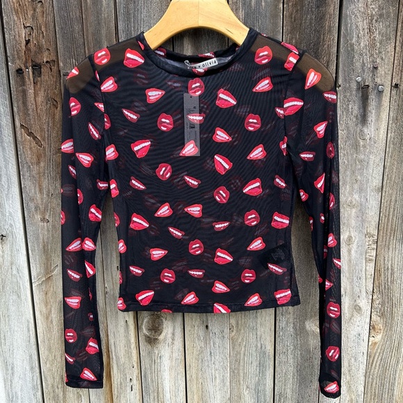 NWT Alice + Olivia Delaina Mouth Print Mesh Top Lip Sync Black XS - Picture 8 of 16